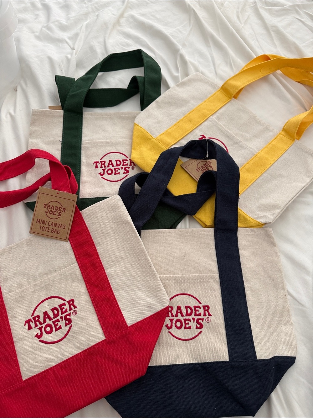 Trader Joe’s Mini Canvas Tote Bag - Red, Green, Yellow, Navy set of 4